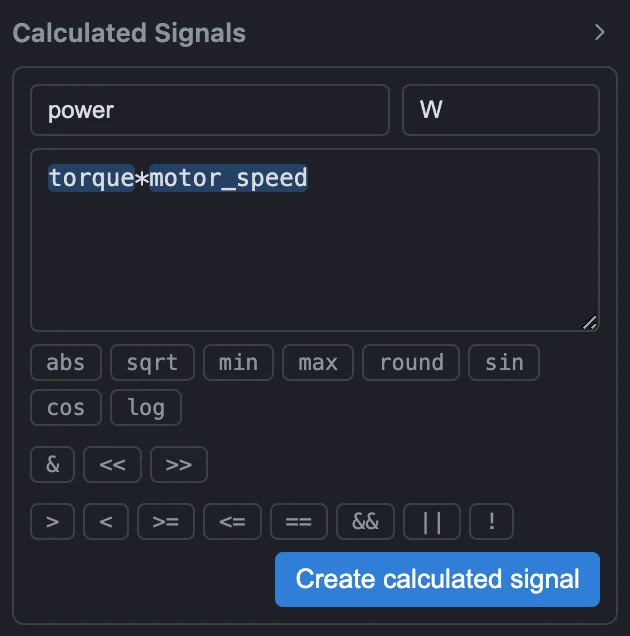 torque×motor_speedという式からpowerという名前の新しい信号を定義する計算信号パネル