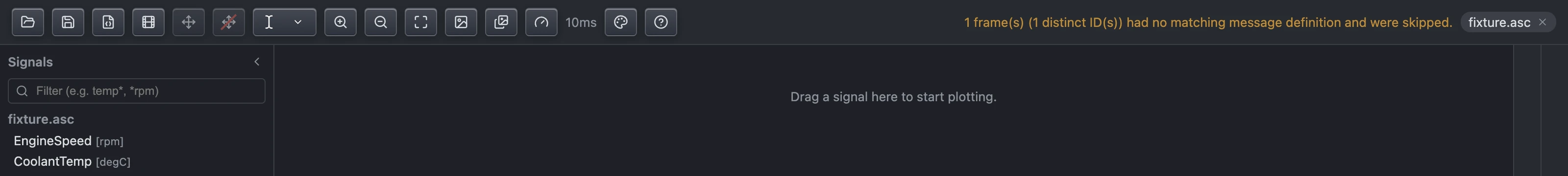 Decoded CAN trace showing real signals EngineSpeed, CoolantTemp, and EngineLoad after importing a .asc trace against its .dbc database