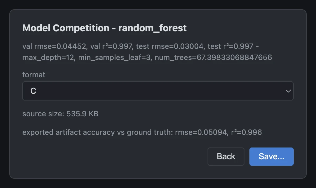Exporting the non-winning random_forest leaderboard entry, showing its real size and accuracy preview