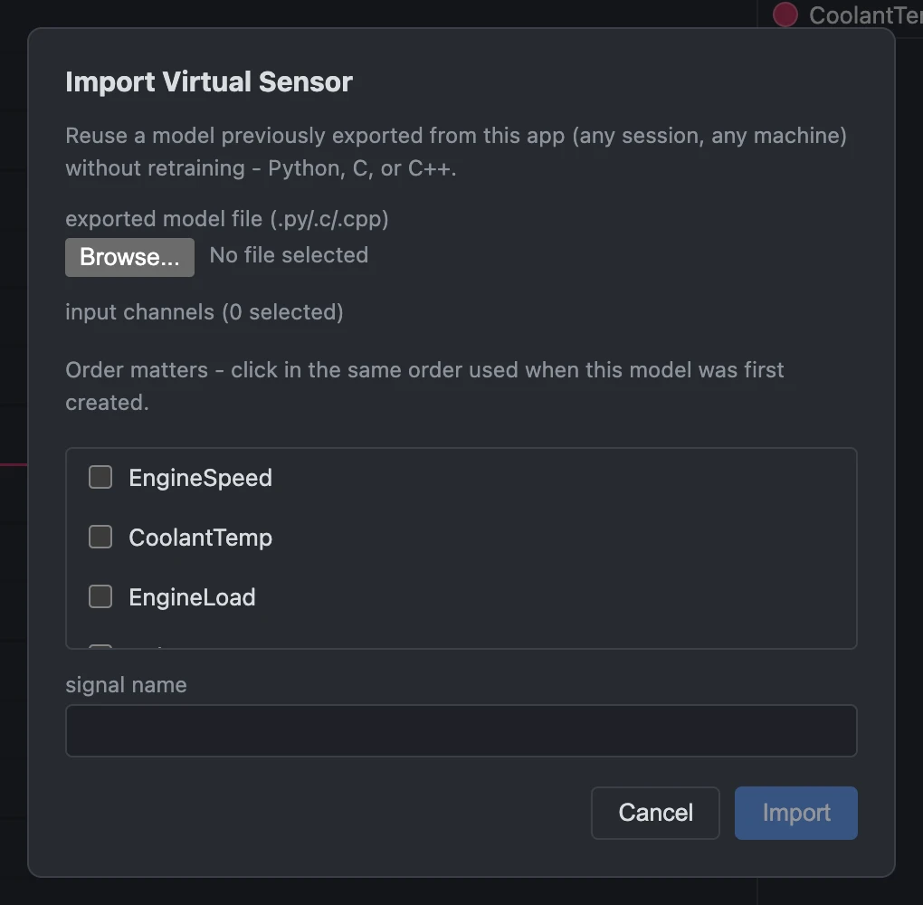 Import Virtual Sensor dialog with input channels and signal name fields for reusing a previously exported model