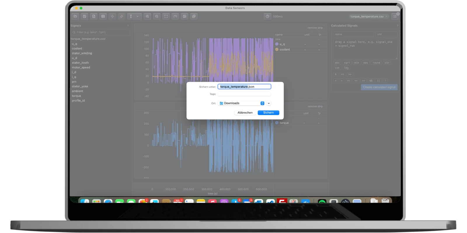 Data Sensorsのセッションをtorque_temperature.jsonとして保存するネイティブの保存ダイアログ