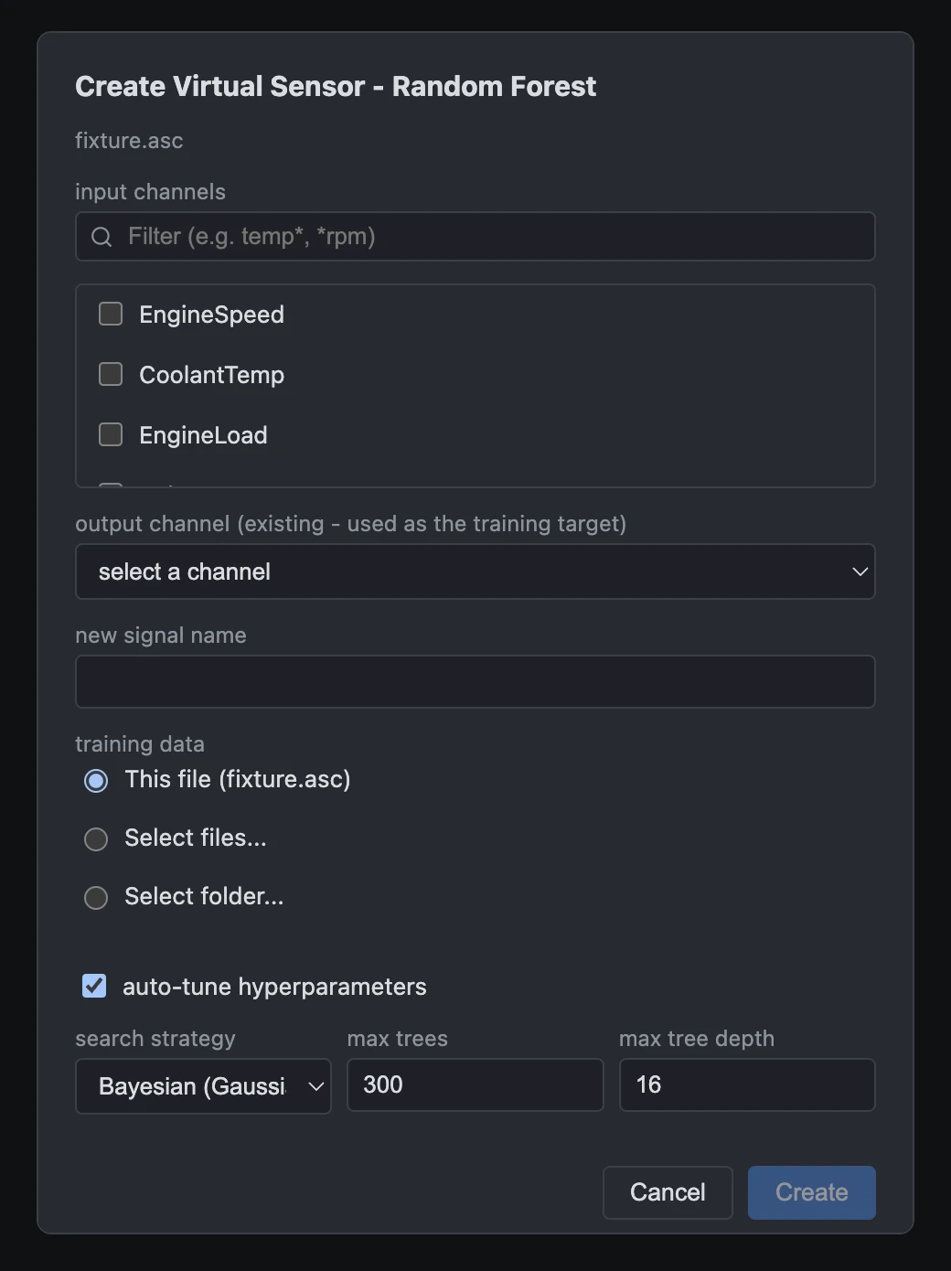 Create Virtual Sensor dialog showing the training data source options: this file, select files, or select folder