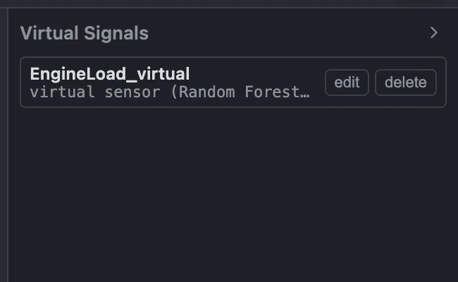 Virtual Signals panel showing a trained Random Forest signal with edit and delete buttons